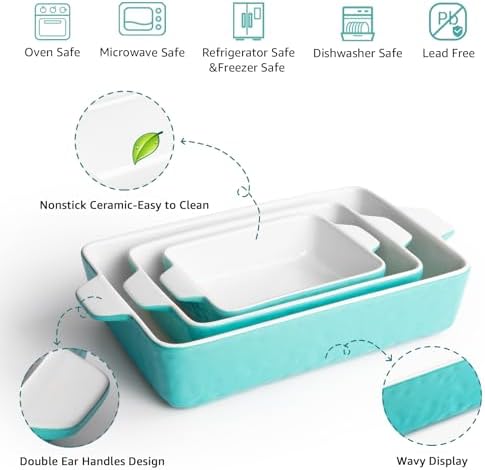 Baking Dish Set of 3 Nonstick Bakeware Set with Handles, Aquamarine