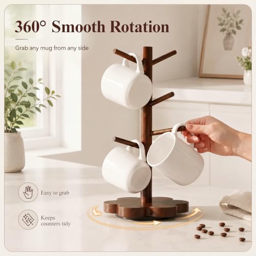 Mifoci 360° Rotating Mug Holder Tree, 6 Hooks Rustic Coffee Cup Holder