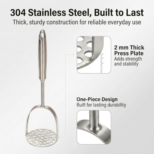 Potato Masher, Heavy Duty 304 Stainless Steel Potato Masher, One-Piece
