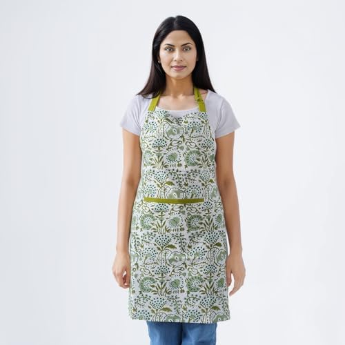 CPC Block Print 100% Cotton Floral Kitchen Apron With Neck Tie