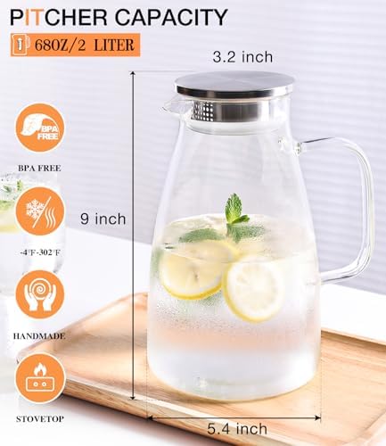2 Liter 68oz Borosilicate Pitcher with Lid, Glass Jug with Handle and