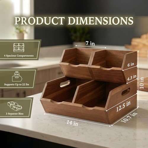Acacia Pantry Storage Bins Set of 3, Stackable Potato Onion Wood