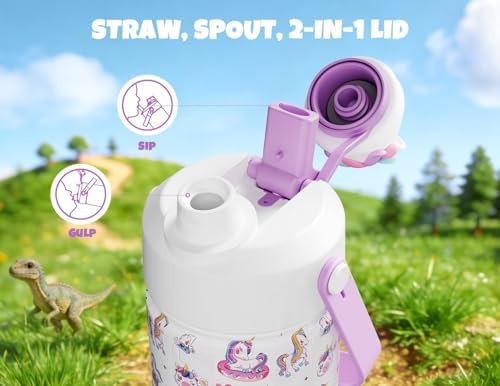 POWCAN 12 oz Kids Water Bottle for School: 2-in-1 Straw Spout Lid with