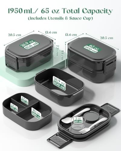 Bento Lunch Box, 65 oz 3-Tier Stackable Lunch Container, Adjustable
