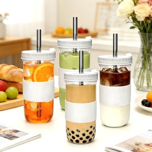 Mapoxy 6 Pack 24oz Mason Jar Cups with Lids and Straws, White Boba