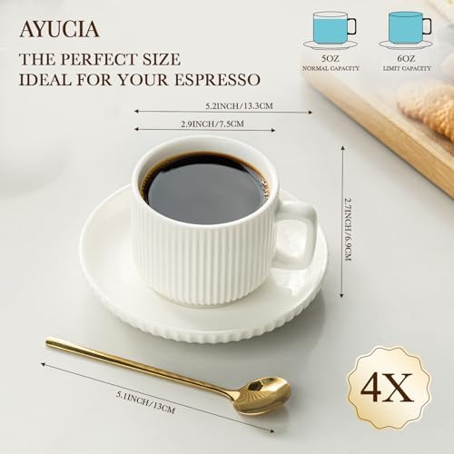 5 Ounce Espresso Cups Set of 4, Small Coffee Cups with Saucers and