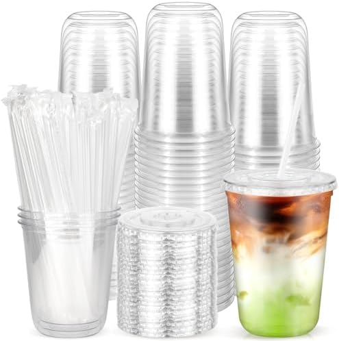 100 Pack 14 oz Plastic Cups with Lids, Clear Small Coffee Cups with