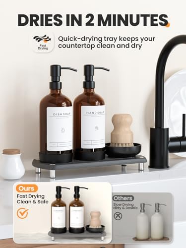 Kitchen Soap Dispenser Set, 16OZ Amber Glass Bottle