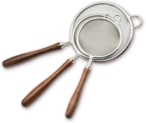 Flylin 3Pcs Stainless Steel Silver Walnut Long Handle Mesh Strainer