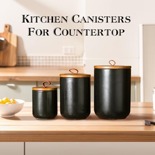JOJUNO Black Ceramic Canister with Bamboo Lid, 3-Piece Airtight Jars