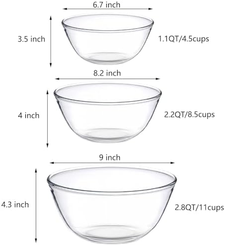 Borosilicate Glass Mixing Bowls Set of 3 (2.8/2.2/1.1QT) for Baking