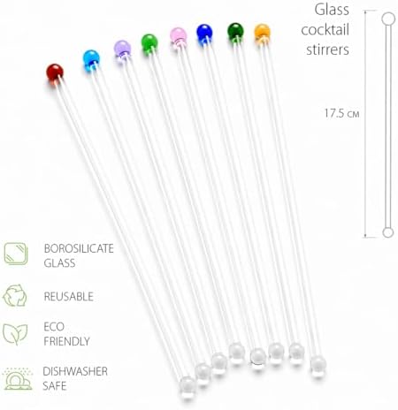 GET FRESH Glass Cocktail Stirrers Set – 8pcs Reusable Long Coloured