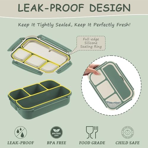 QQKO 1200 ML Bento Box with 4 Compartments, Green