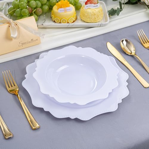 COLOSUS 60PCS White Disposable Bowls, 12oz Nice Beaded Dessert Bowls.