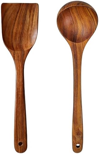 2Pcs Wooden Ladle and Spatula, Natural Acacia Long Handle, Large