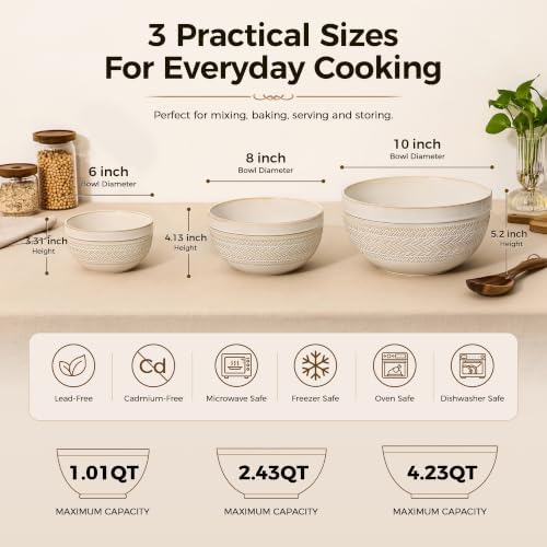 Ceramic Mixing Bowls Set of 3, Large Nesting Serving Bowls