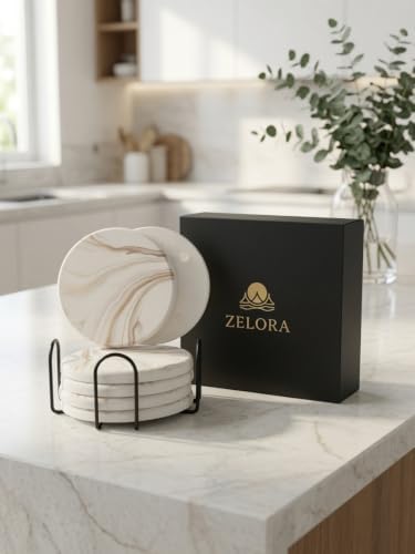 Absorbent Stone Coasters Set of 6 with Holder – Diatomite Drink