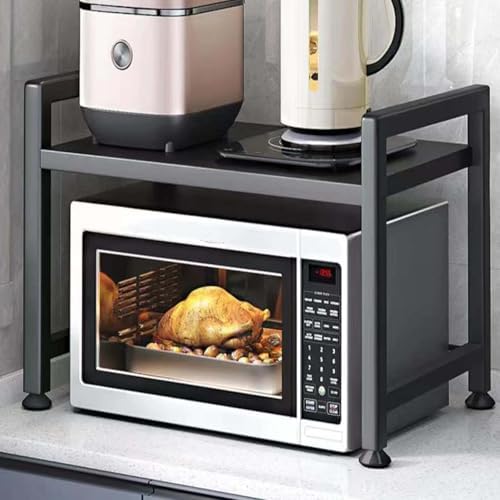 Microwave Oven Rack, Adjustable Shelf with 6 Hooks