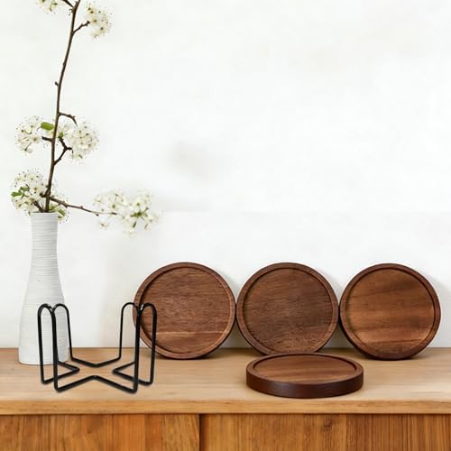 Wood Drink Coasters with Holder, Set of 4, Natural Absorbent Wooden