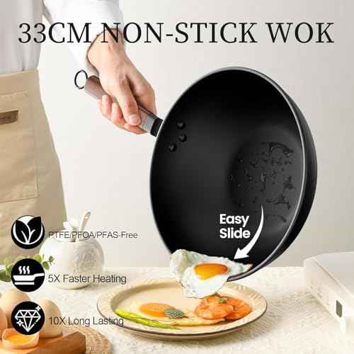 Todlabe 13 Inch Wok with Glass Lid & Silicone Spatula, Naturally Non‑Stick