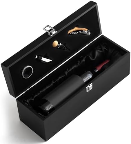 1 Pc Retro Wooden Wine Gift Box with 4 Accessories, Bamboo, Black