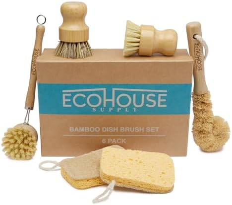 ECOHOUSE SUPPLYTM Bamboo Dish Brush Set – 6-Piece Natural Fiber
