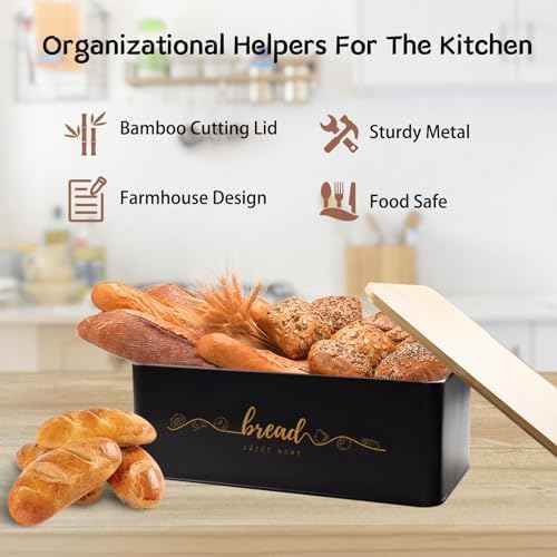 Bread Box with Bamboo Cutting Board Lid, Metal Bread Box for Kitchen Counter, Small Bread Storage Container, Black Bread bin for Kitchen Countertop