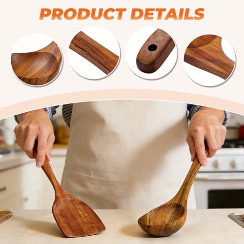 2Pcs Wooden Ladle and Spatula, Natural Acacia Long Handle, Large