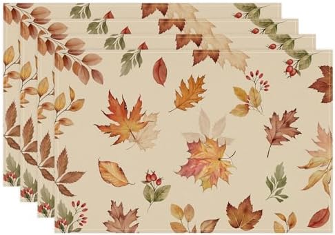 Bonhause Maple Leaves Fall Placemats Set of 4, 12x18 Inch Autumn Decor