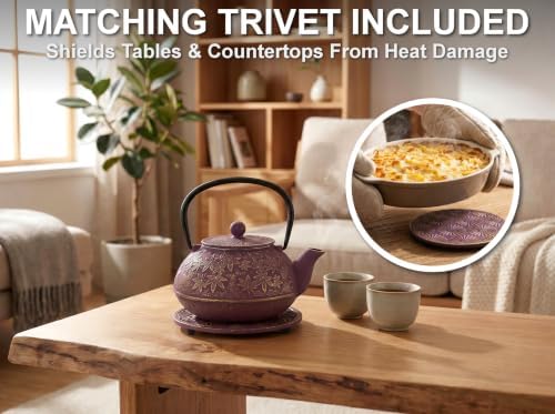 40 Oz Purple Maple Leaf Cast Iron Teapot, Enamel Interior, Infuser &
