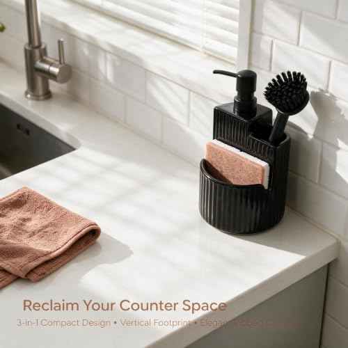 RQYIXI 3-in-1 Ceramic Round Soap Dispenser with Sponge Holder,Black,18