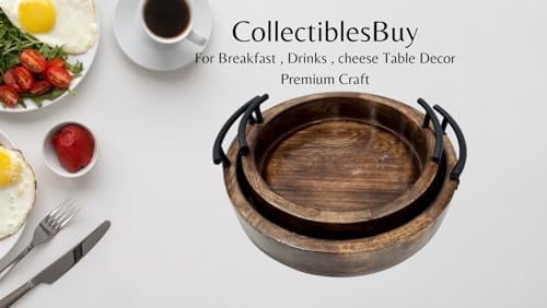 Handmade Round Wooden Serving Tray Set of 2 Rustic Deep Design with