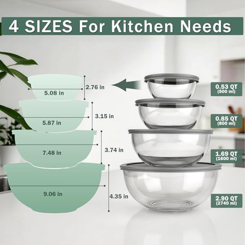 Glass Mixing Bowls with Lids Set of 4,Glass Bowls with Lids Large