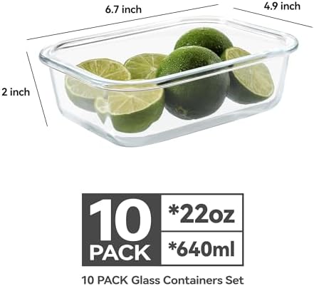 BAYZZ 10 Pack 22 oz Glass Meal Prep Containers