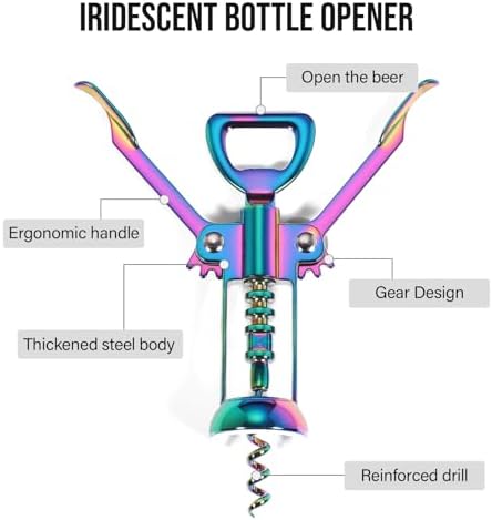 Winged Corkscrew, Iridescent Bottle Opener, Cork Remover, Rainbow Wine