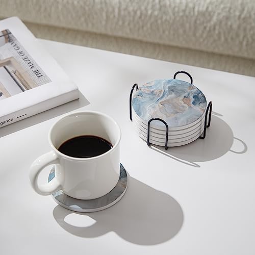 Set of 6 Abstract Blue Marble Coasters with Holder, Absorbent Ceramic