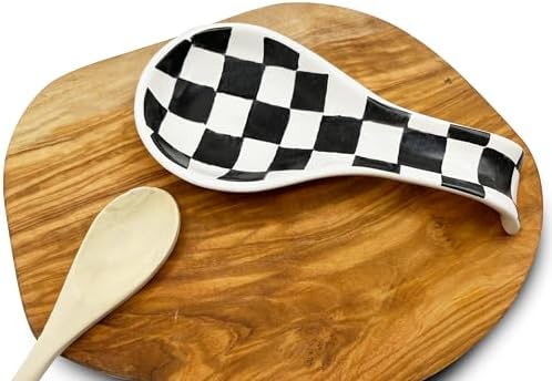 BIEN BEAU Ceramic Spoon Rest, Checkered Utensil Holder, Black White