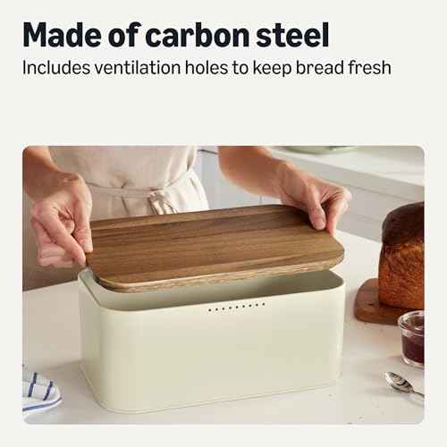 Amazon Basics Carbon Steel Bread Box with Acacia Wood Lid, Lid Doubles as Cutting Board, 11.9 x 7.1 x 5.2 in