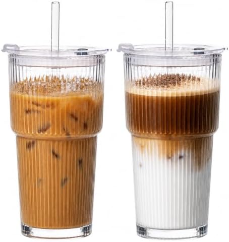 20oz Iced Coffee Cups with Lids, Glass Coffee Cups with Lids and