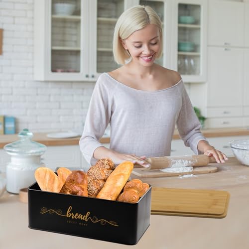 Bread Box with Bamboo Cutting Board Lid, Metal Bread Box for Kitchen Counter, Small Bread Storage Container, Black Bread bin for Kitchen Countertop