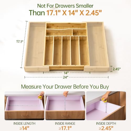 Bamboo Expandable Silverware Drawer Organizer, Removable Knife Block