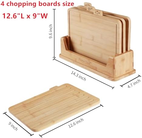 4 Piece Bamboo Cutting Boards Set with Food Icons & Stand, 12.6"L x