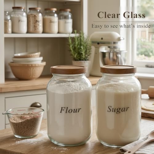 2 Pack Glass Flour Sugar Storage Containers with Acacia Wooden Lid