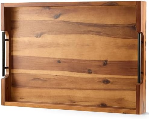 TIDITA 20"x14" Wooden Large Ottoman Tray, Serving Tray with Metal