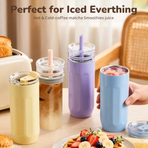 chunmo 18 oz Vacuum Insulated Glass Tumbler with Straw Lid & Spout Lid