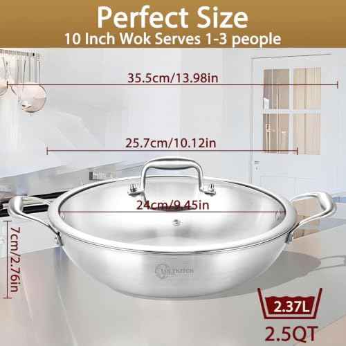 LOLYKITCH 10-Inch Stainless Steel Wok with Lid | 2.5-Quart | Dual Handles