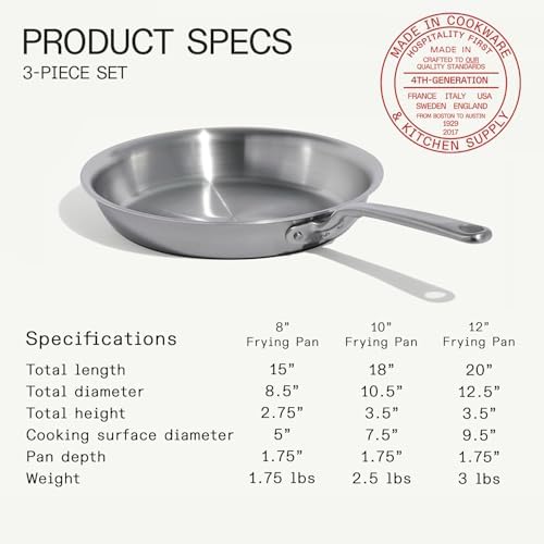 Made In Cookware - 3-Piece (Includes 8",10",12") Stainless Frying Pan Set - 5 Ply Stainless Clad - Professional Cookware - Crafted in Italy - Induction Compatible
