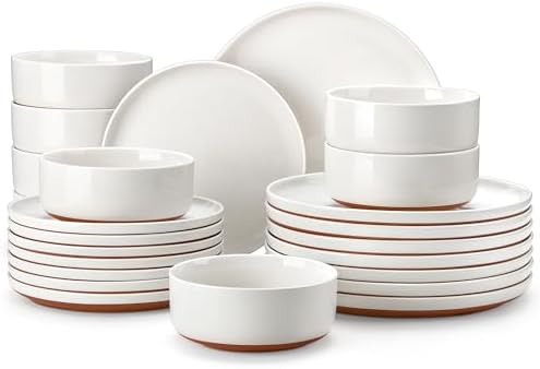 MALACASA Plates and Bowls Sets, 24 Pieces Modern Ceramic Dinnerware Set for 8 Kitchen Stoneware Dishes Dishware Set Microwave and Dishwasher Safe, White, Series TARA