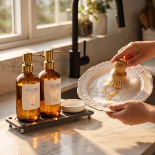 Kitchen Soap Dispenser Set, 2 Pack Amber Glass