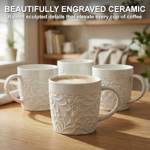 16 Oz Ceramic Coffee Mugs Set of 4, Rustic Embossed Nature Design
